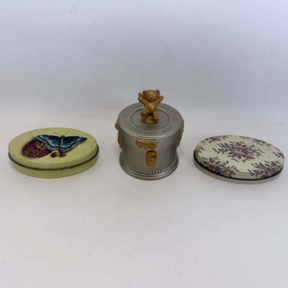 Vintage Tooth Fairy Keepsake Box Teddy Bear & 2 Small Oval Metal Trinket Tins